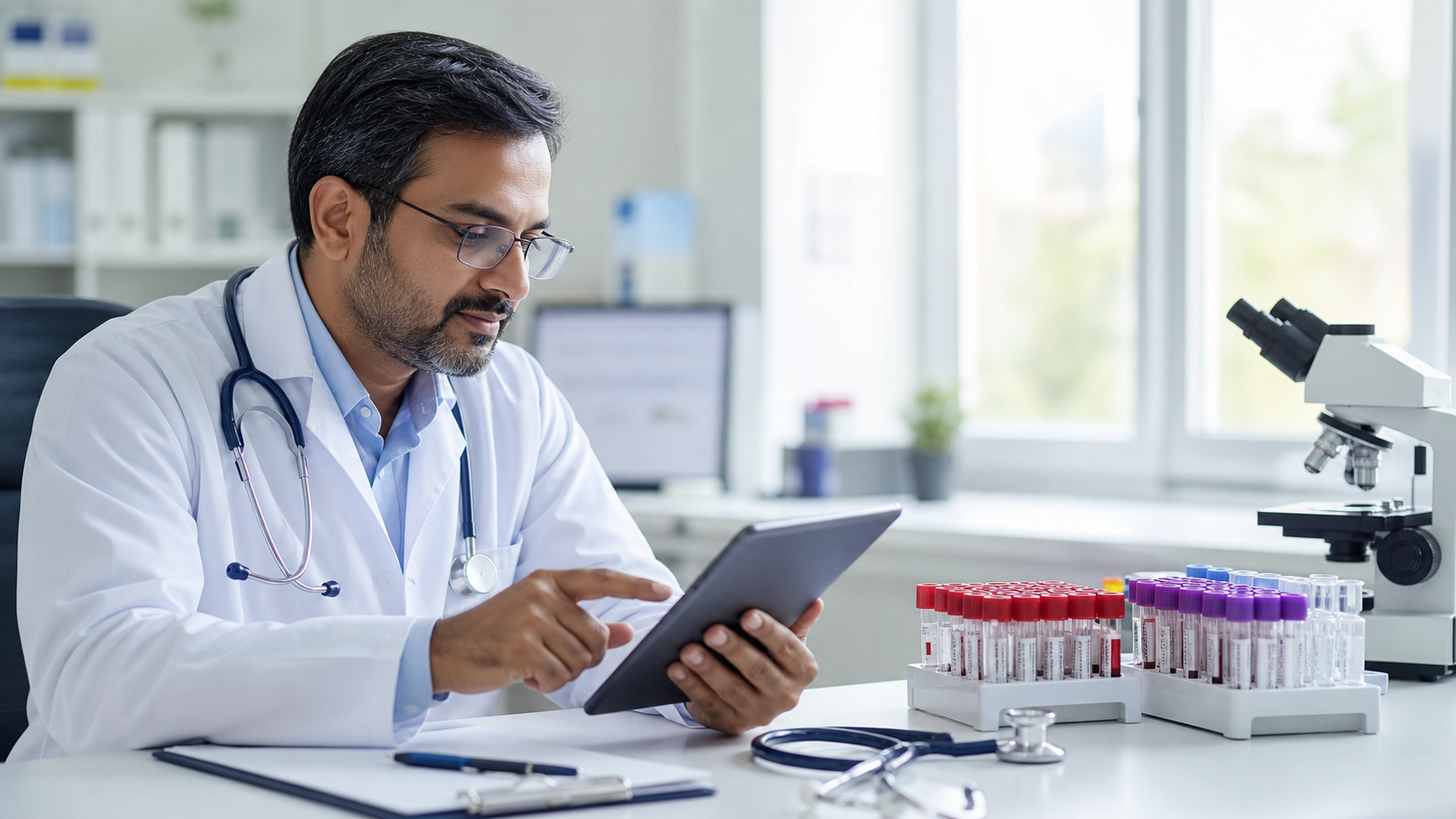 Check up laboratuvar testleri için doktorun kan sonuçlarını incelemesi
